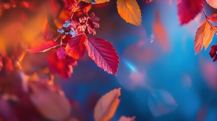 Vibrant autumn leaves illuminated by soft light in a serene forest setting