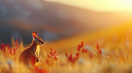 Kangaroo sitting in a vibrant field at sunset in the Australian outback