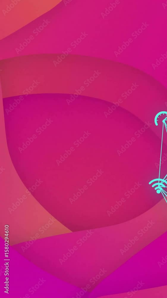 Poster network of connected devices and icons animation over abstract pink and orange background