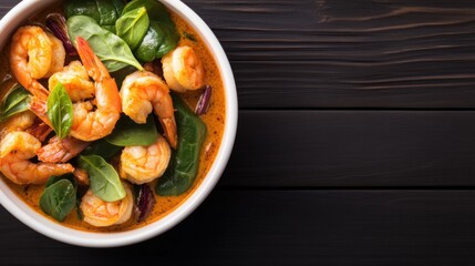Savory shrimp curry with fresh spinach served in a white bowl