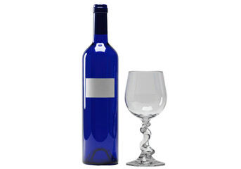 Isolated Blue Wine Bottle with Empty Glass Elegant