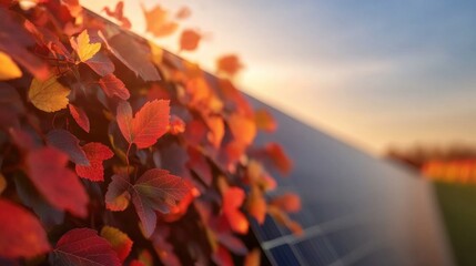 Colorful autumn leaves contrast with modern solar panels at sunset