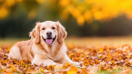 Golden retriever resting contentedly among autumn leaves in a park