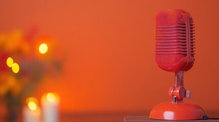 Vintage red microphone stands on a wooden surface with warm background lights
