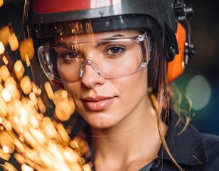Female worker in protective gear using metal grinder in workshop