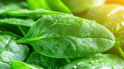 Fresh spinach leaves glistening with water droplets in bright sunlight