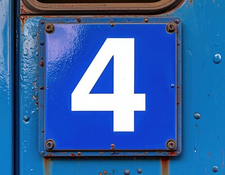 Bold blue number four on rusty metal background