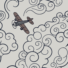 airplane in the sky vector seamless pattern