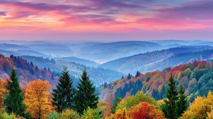 Stunning autumn landscape view over rolling hills with vibrant foliage at sunset
