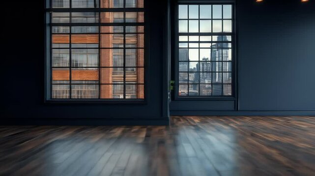 Dark, spacious, empty interior with large windows