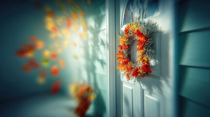 Decorative autumn wreath hangs on a door with colorful leaves in the background