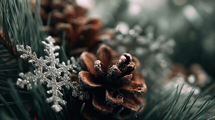 Winter decorations feature pine cones and snowflakes among evergreen branches