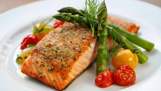 Pan-Seared Salmon with Roasted Vegetables and Dill Garnish