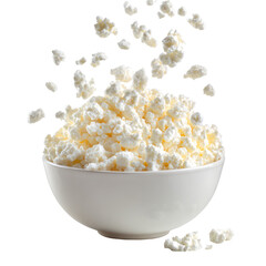 Cottage cheese falling into a bowl on transparent background

