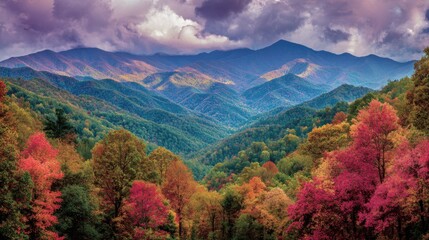 Vibrant autumn landscape with colorful foliage and distant mountains in view