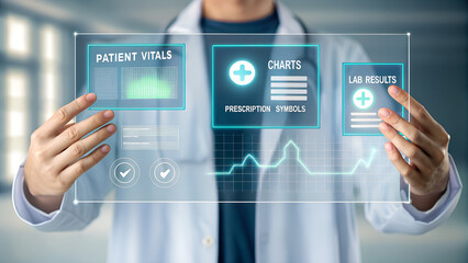 Doctor analyzing patient vitals charts and lab results using digital interface