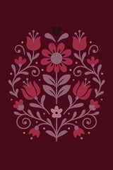 Dark ornamental floral composition with burgundy flowers.