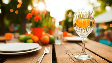 Summer gathering with drinks and fresh fruit on a rustic wooden table