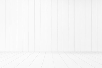 White Wooden Wall Background with Wooden Pavement, Suitable for Product Presentation Backdrop, Display, and Mock up.
