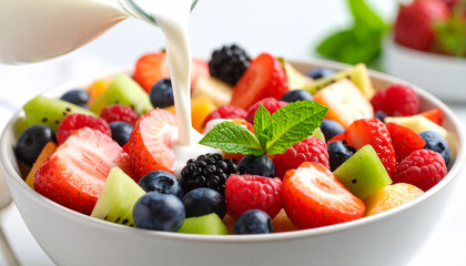 Pouring Milk on Fruit Salad Bowl with Fresh Berries and mint leaf, close up