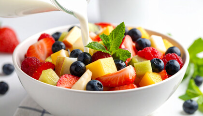Pouring Milk on Fruit Salad Bowl with Fresh Berries and mint leaf, close up