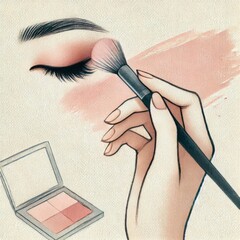 Hand applying pink eyeshadow to closed female eye with makeup brush, cosmetic palette in corner on textured background. Watercolor illustration.