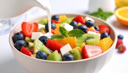 Pouring Milk on Fruit Salad Bowl with Fresh Berries and mint leaf, close up