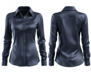 Navy blue satin button-up shirt, front and back views