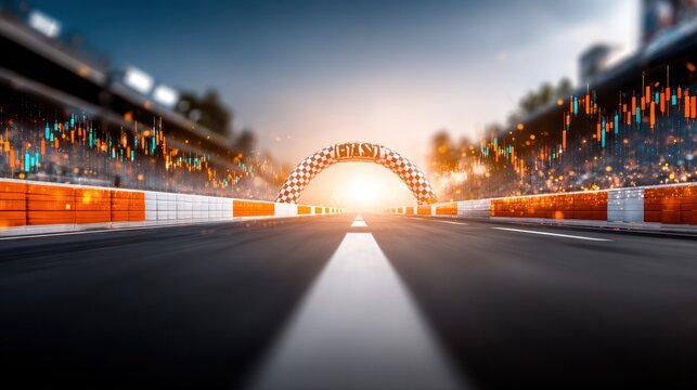 Race Track Perspective: A dramatic perspective shot of a race track, emphasizing the start or finish line and the stadium, evoking a sense of speed, competition, and the thrill of racing.