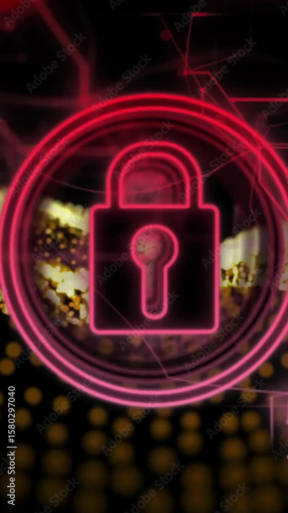 Poster lock icon animation over digital network and data visualization background