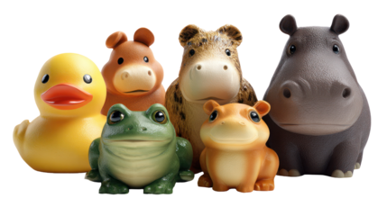 Collection of Assorted Rubber Animals Duck Frog Hippo on Transparent Background

