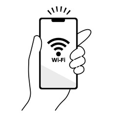 Wi-fiに接続されたスマートフォンを持つ手のイラスト素材