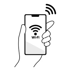 Wi-fiに接続されたスマートフォンを持つ手のイラスト素材