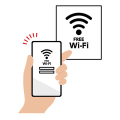スマートフォンをフリーWi-fiに接続させるイラスト素材