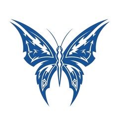 Naklejka premium Stylized blue tribal butterfly illustration with symmetrical lightning-style wings and sharp bold lines on a clean white background, ideal for tattoos, decor, logos, and vector designs