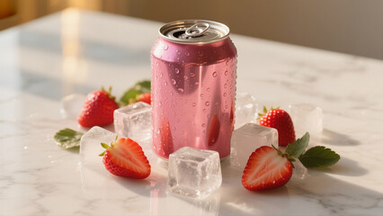 Pink berry aluminum can with fresh strawberries 