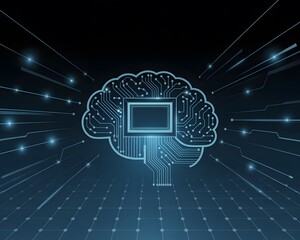 Cybernetic Neural Network with Glowing Blue Circuits and Futuristic UI Elements on Digital Tech Mesh Background in High-Tech Sci-Fi Style