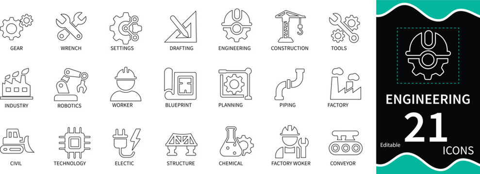 Flat vector icons of gears, tools, helmets, and blueprints. Perfect for engineering, construction, and industrial design projects.