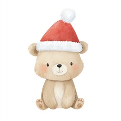 Adorable Watercolor Clipart A Brown Bear Cub in a Festive Santa Hat, Sitting Cheerfully on a White Background