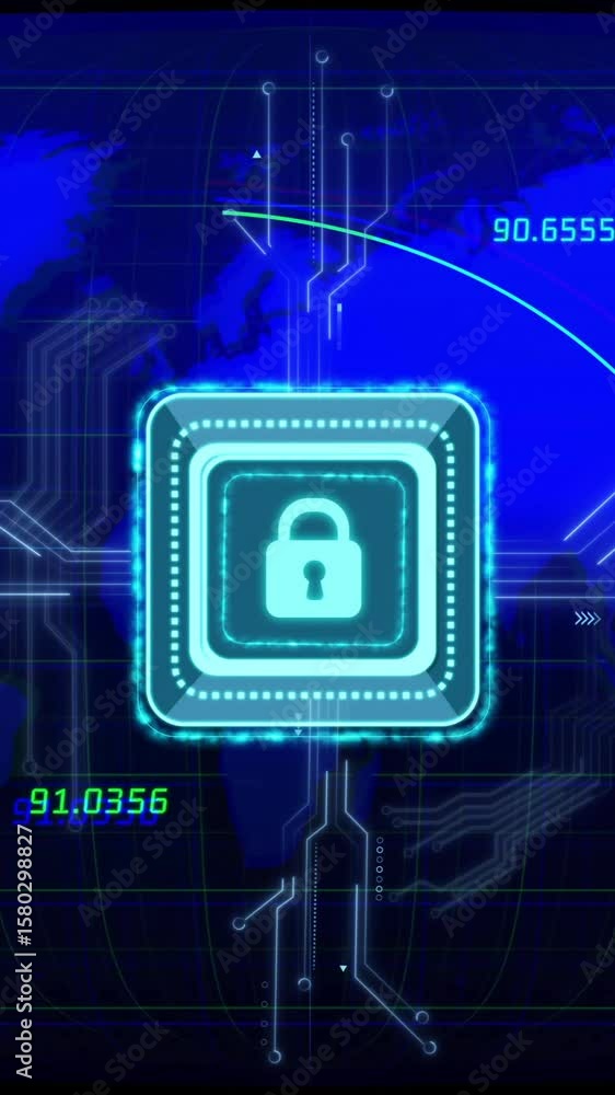 Poster digital lock icon and coordinates animation over world map background