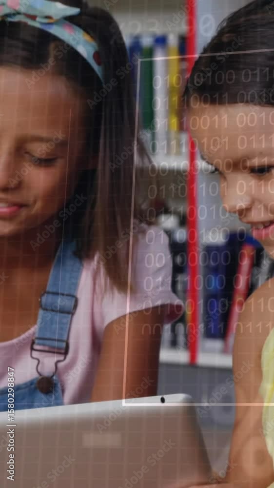 Poster binary code animation over children using tablets in school library