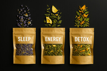 Three kraft tea pouches labeled SLEEP, ENERGY, and DETOX with dried herbs and flowers arranged above each pack on black background. Flat lay of wellness herbal teas.