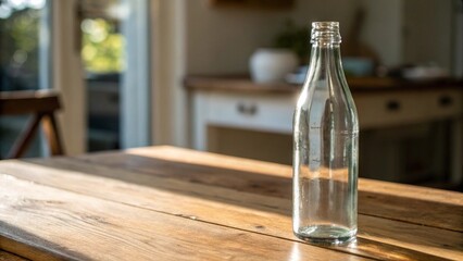 Transparent Glass Bottle on Wooden Table