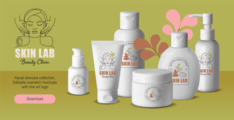Cosmetic Banner with Mockups and Line Art Beauty Logo. Facial Skincare Branding Kit