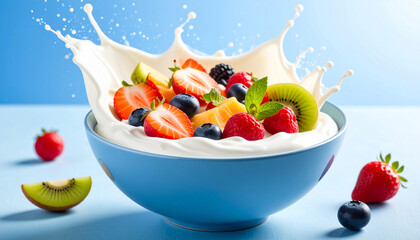 Yogurt with Fruit and Splash for Healthy Breakfast in blue bowl