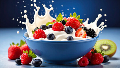 Yogurt with Fruit and Splash for Healthy Breakfast in blue bowl
