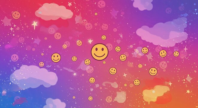 Dreamy Sky with Smiling Faces, Stars, and Clouds in Pastel Colors