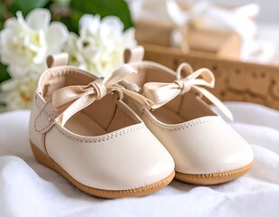 Newborn Beige Leather Mary Janes, Close-Up Still Life