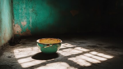 Fototapeta premium Abandoned Bowl in Dimly Lit Room with Grunge Wall Background