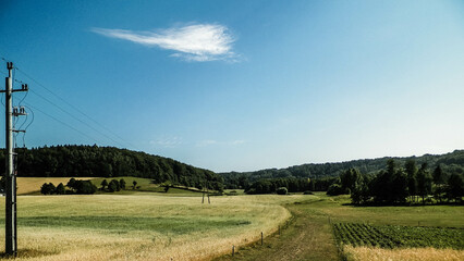 Landscape of field and hills of Wiezyca, Kashubian region in Poland.